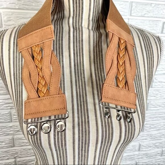 Wide Tan Elastic Belt Braided Faux Leather Front - Picture 7 of 7